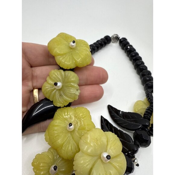 Chunky Beaded Yellow Jade Black Onyx Glass Statement Necklace Big Tropical Stone - Picture 2 of 9